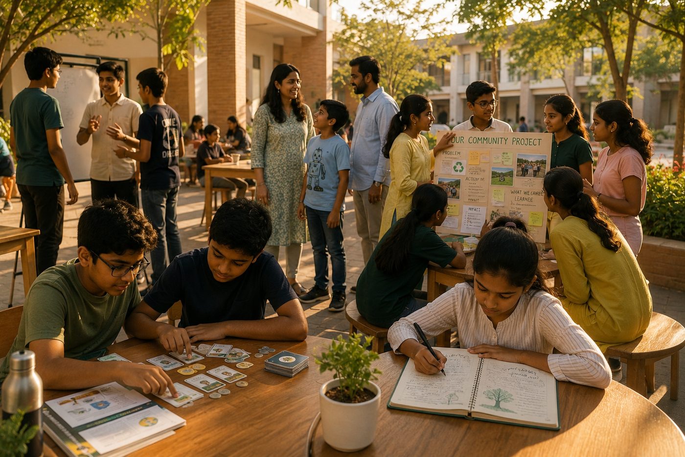 Children collaborating outdoors on a community project