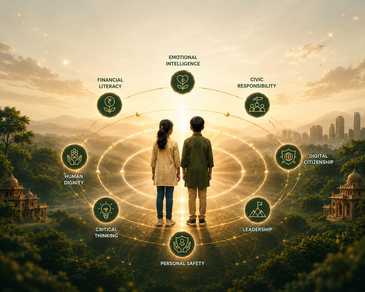 Two children at the centre of eight orbiting life-skill pillars